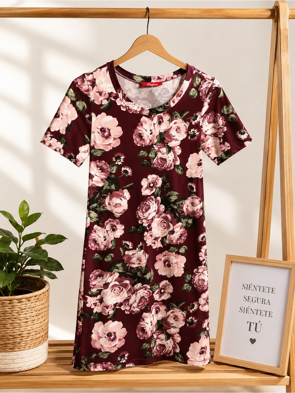 Floral Scoop Neck Burgundy Women's Dress